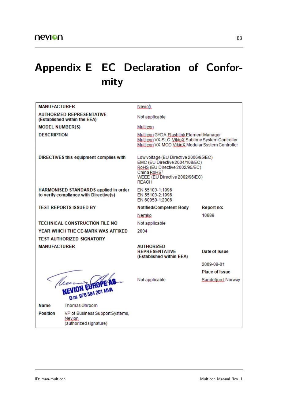 Ec declaration of conformity, Appendix e ec declaration of confor- mity | Nevion Multicon User Manual | Page 83 / 83
