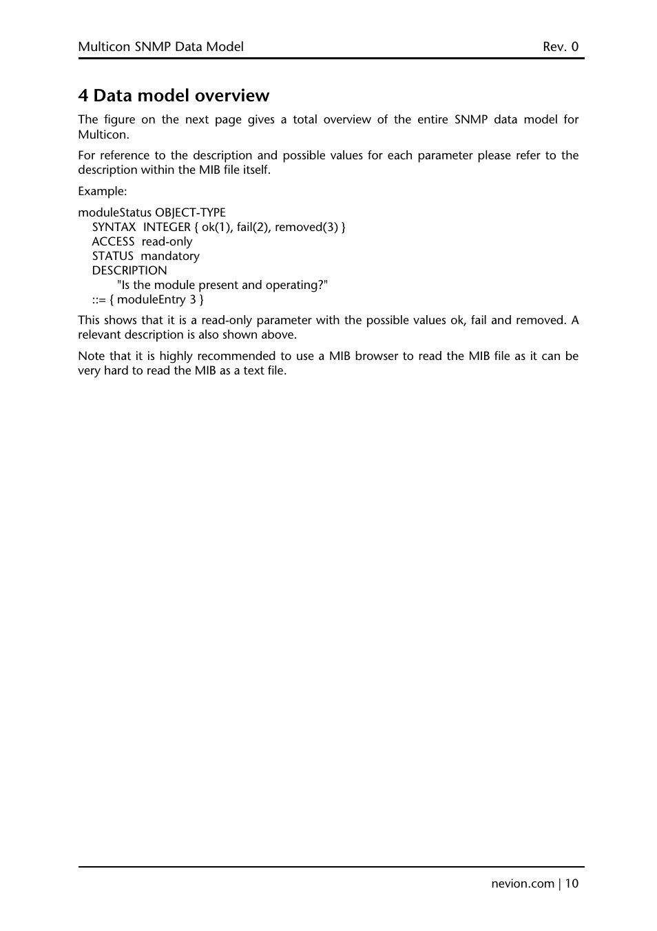 4 data model overview | Nevion Multicon SNMP User Manual | Page 10 / 13