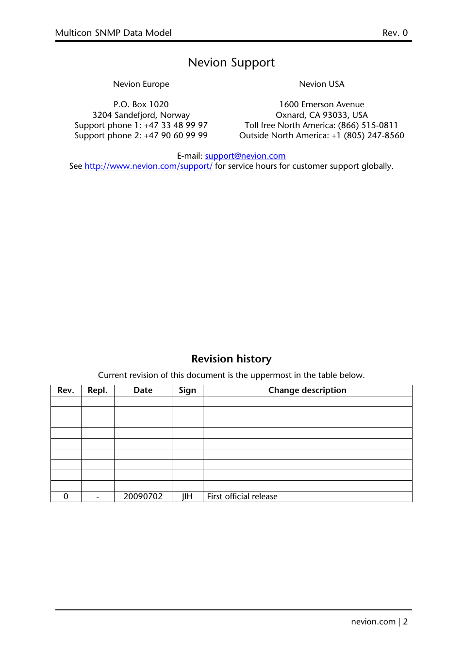Nevion support, Revision history | Nevion Multicon SNMP User Manual | Page 2 / 13
