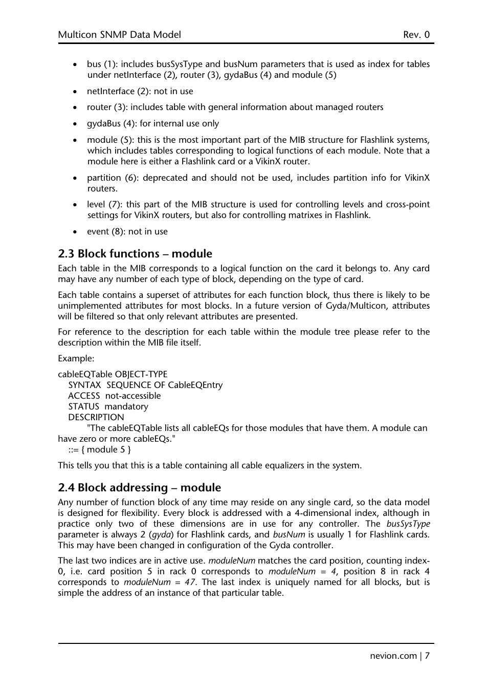 3 block functions – module, 4 block addressing – module | Nevion Multicon SNMP User Manual | Page 7 / 13