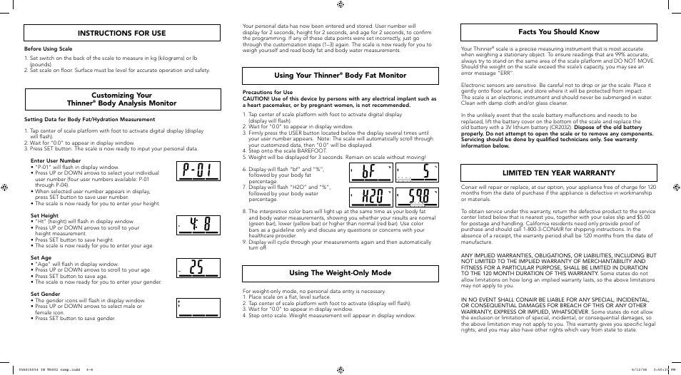 Facts you should know, Using your thinner, Body fat monitor | Using the weight-only mode, Instructions for use, Customizing your thinner, Body analysis monitor, Limited ten year warranty | Conair TH402 User Manual | Page 2 / 2