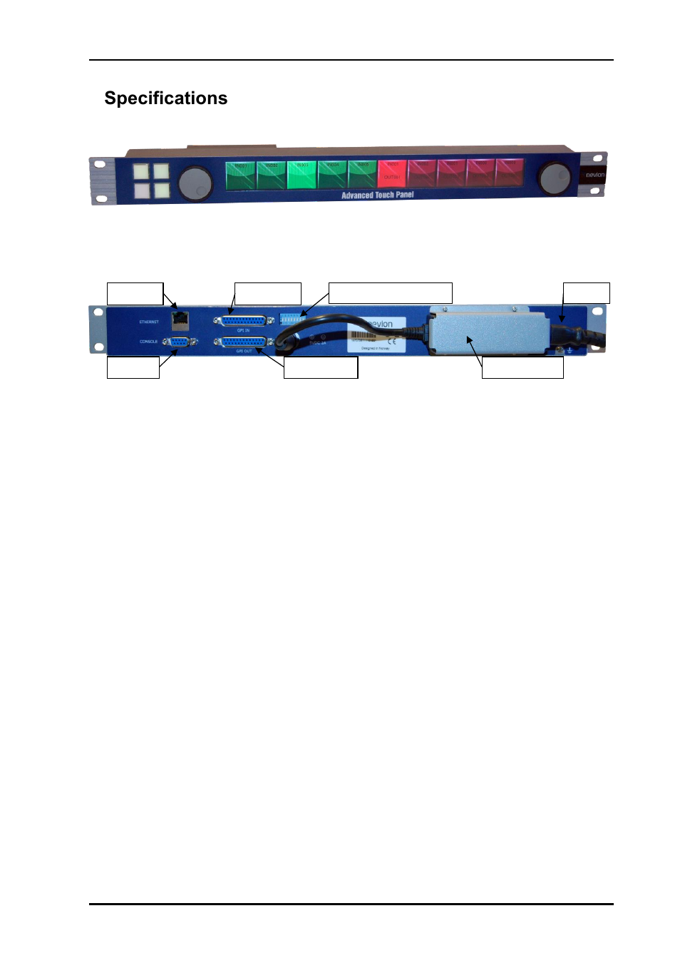 3 specifications, 1 front view, 2 rear view | 3 power connection, 3specifications | Nevion CP-TOUCH User Manual | Page 7 / 18