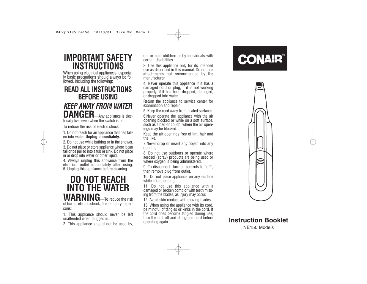 Conair NE150 User Manual | 2 pages