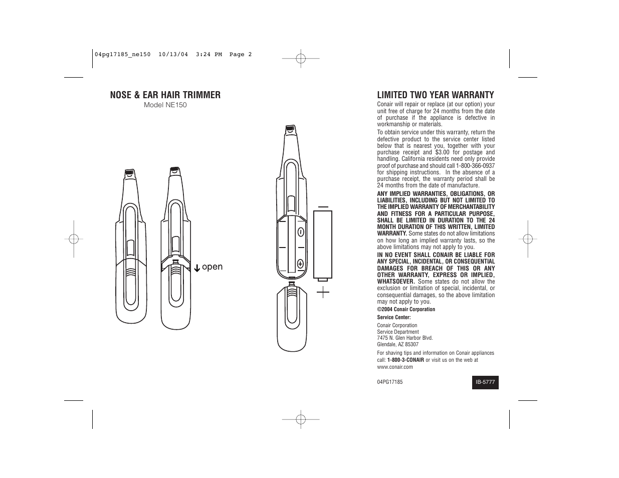 Nose & ear hair trimmer, Limited two year warranty | Conair NE150 User Manual | Page 2 / 2
