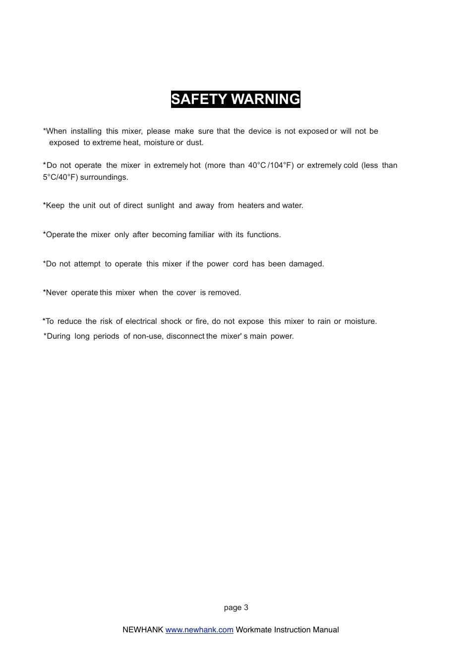 Safety warning | NewHank Workmate User Manual | Page 3 / 6