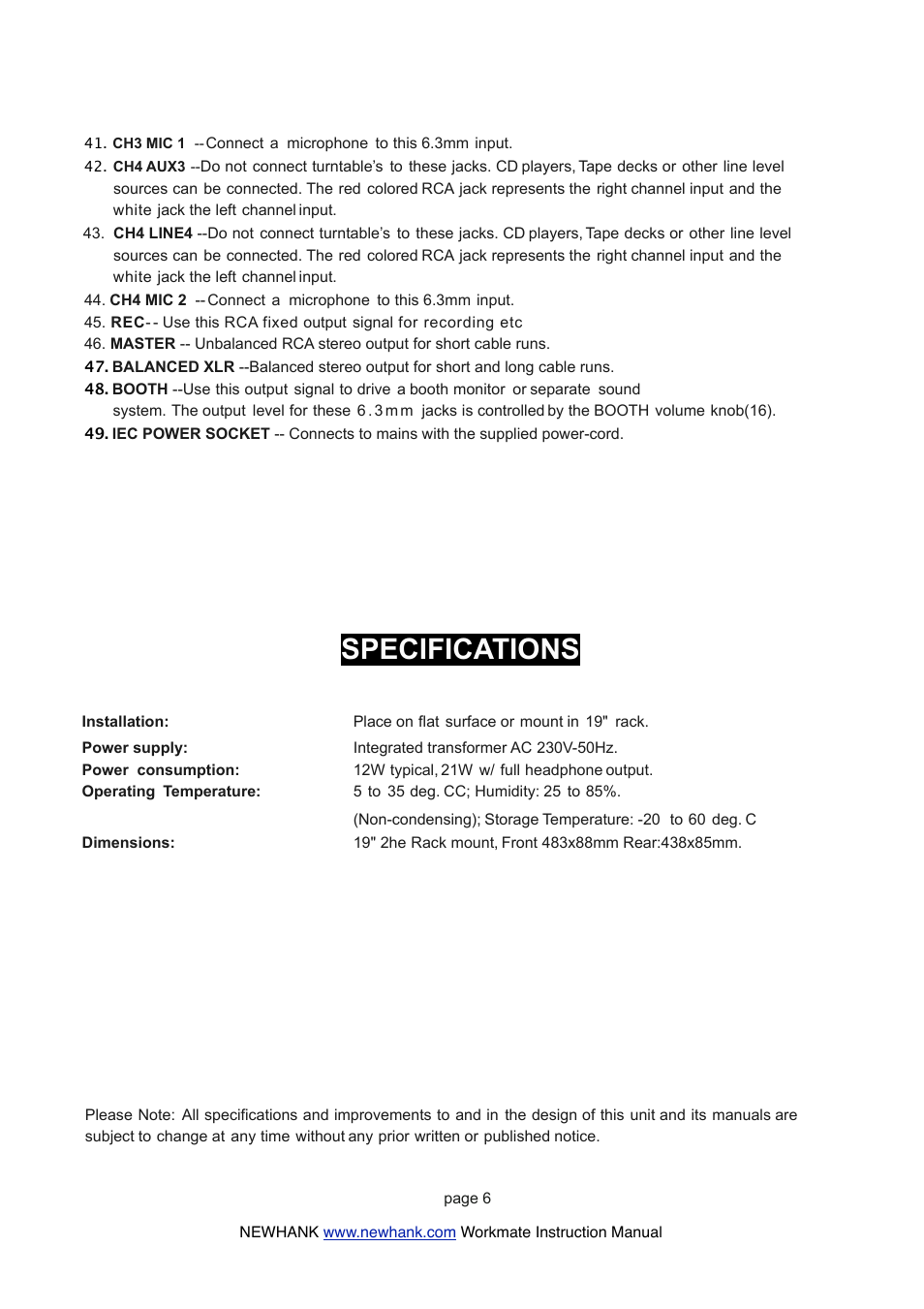 Specifications | NewHank Workmate User Manual | Page 6 / 6