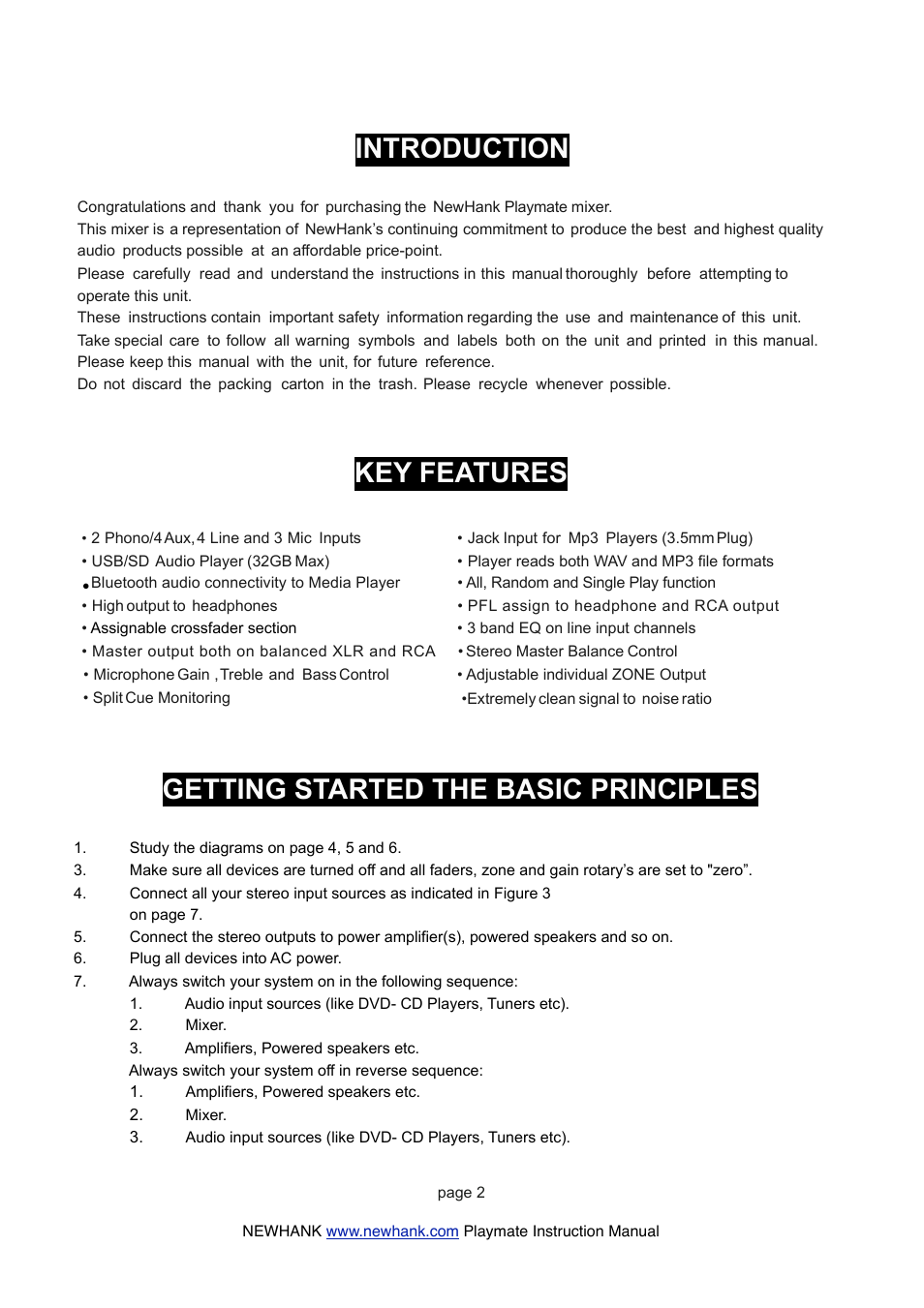 Introduction, Key features, Getting started the basic principles | NewHank Playmate User Manual | Page 2 / 8