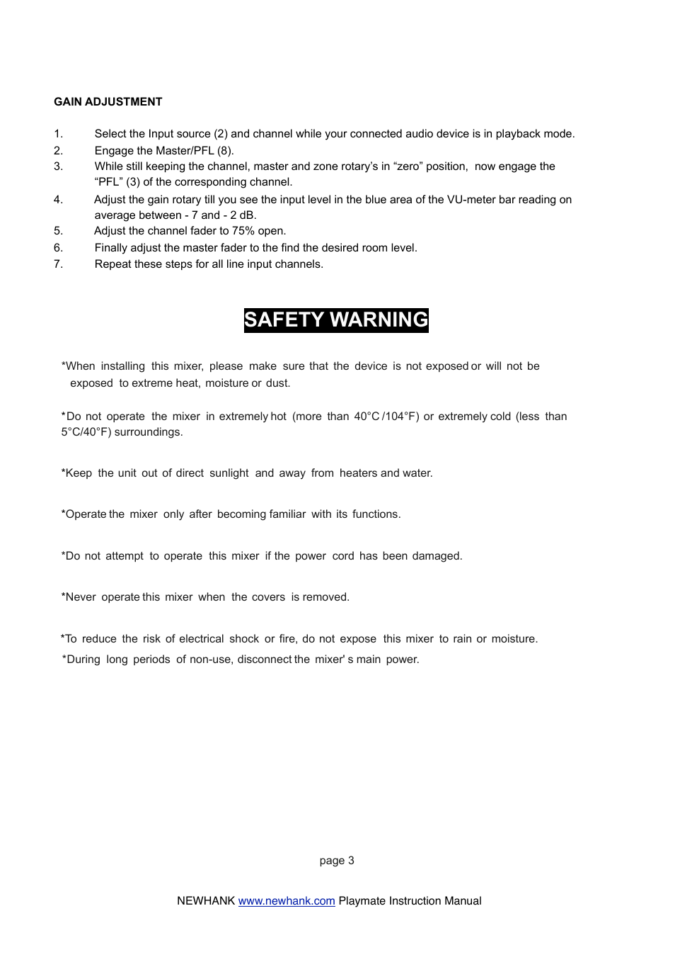 Safety warning | NewHank Playmate User Manual | Page 3 / 8