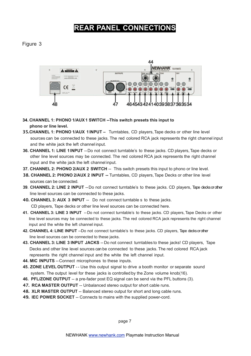 Rear panel connections | NewHank Playmate User Manual | Page 7 / 8