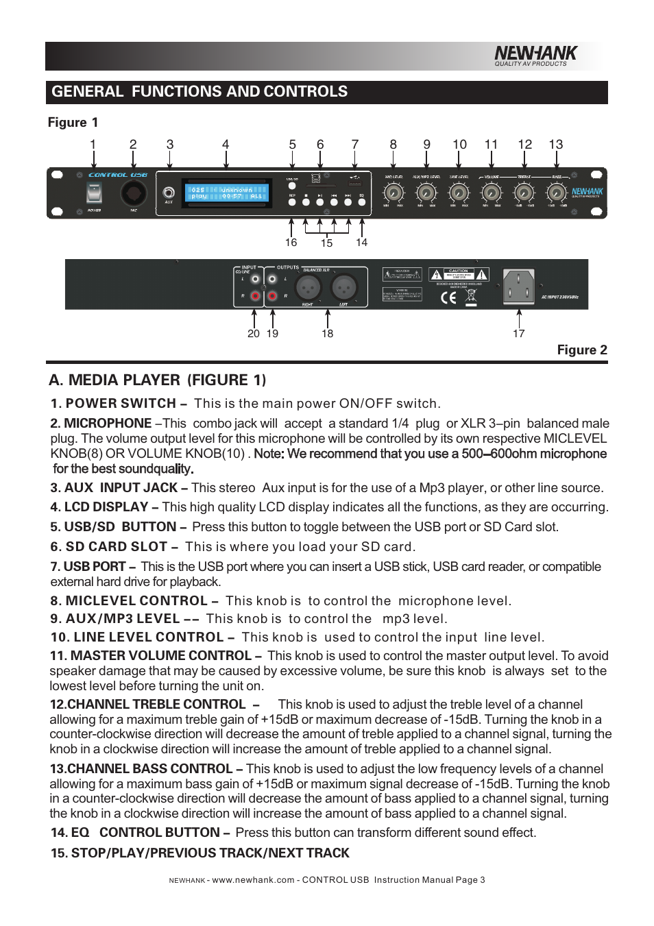 General functions and controls, A. media player (figure 1) | NewHank Control USB User Manual | Page 3 / 4