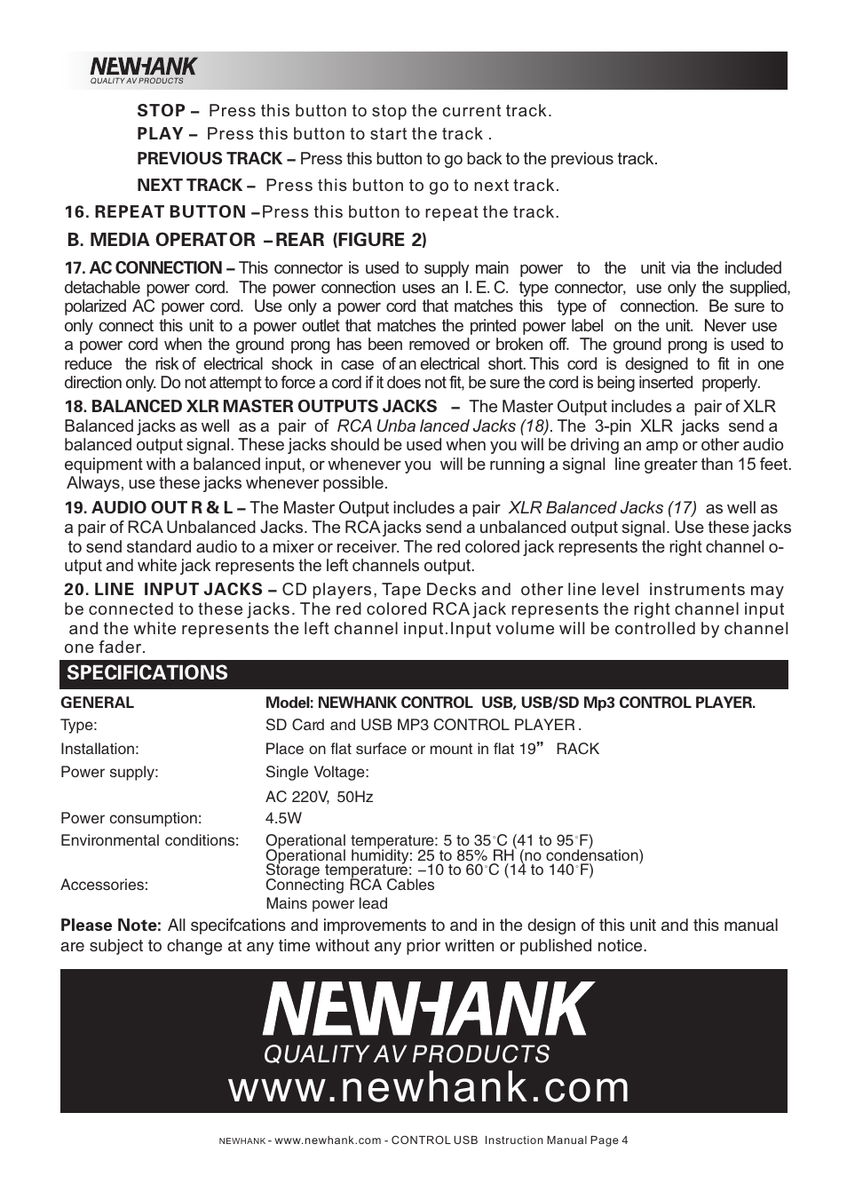 Quality av products, Specifications | NewHank Control USB User Manual | Page 4 / 4