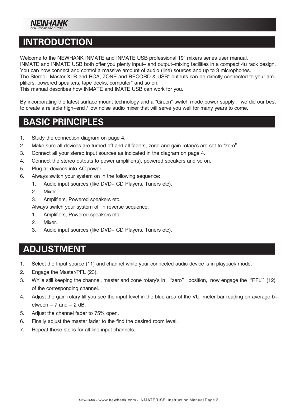 Introduction basic principles, Adjustment | NewHank Inmate User Manual | Page 2 / 8