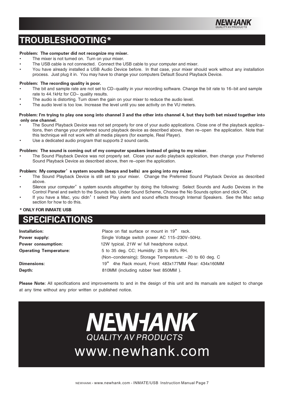Specifications, Troubleshooting, Quality av products | NewHank Inmate User Manual | Page 7 / 8