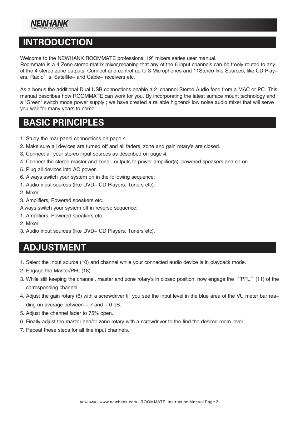 Introduction basic principles adjustment | NewHank Roommate User Manual | Page 2 / 6