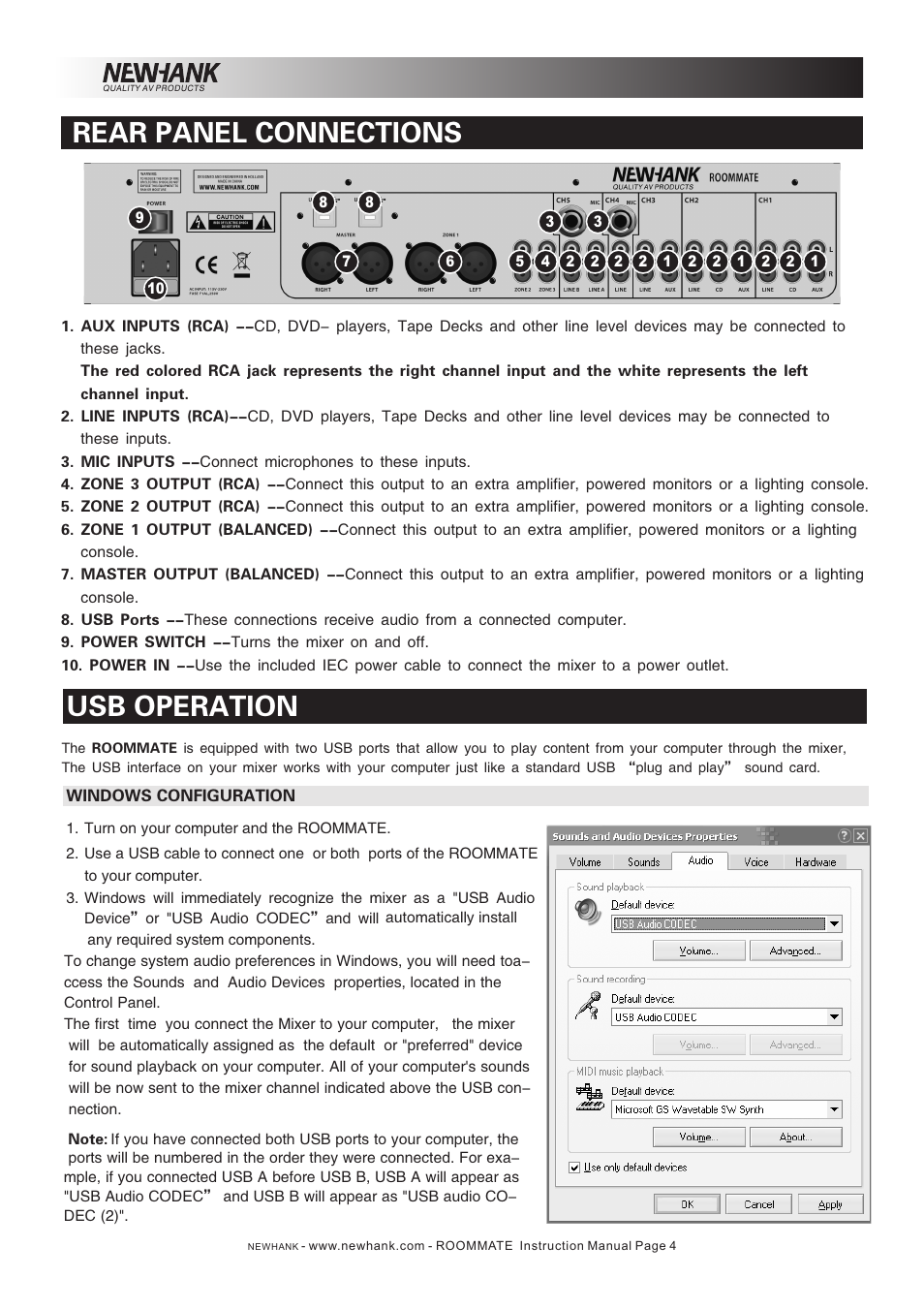 Rear panel connections usb operation | NewHank Roommate User Manual | Page 4 / 6