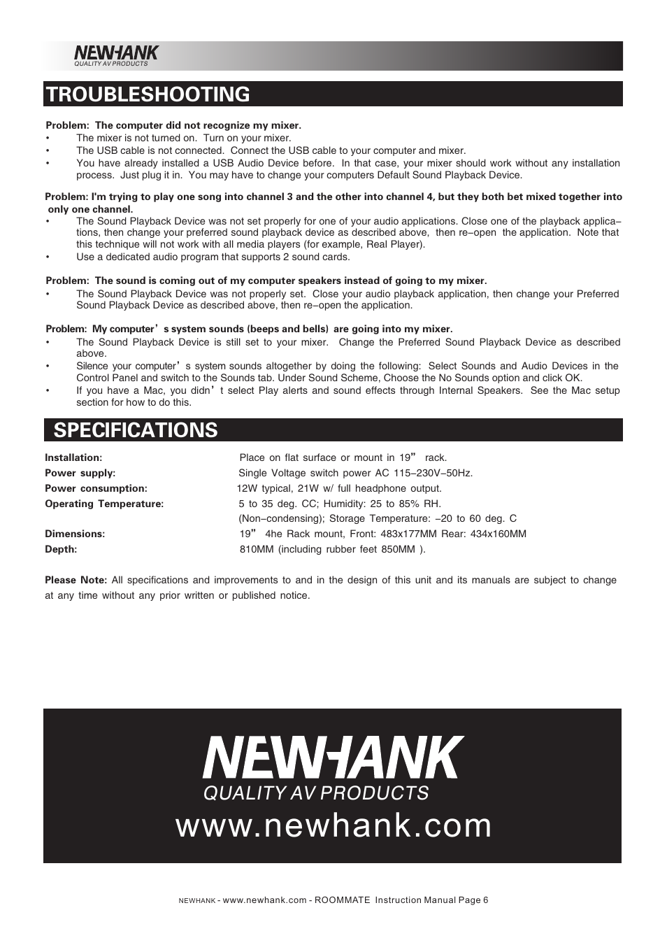 Specifications, Troubleshooting, Quality av products | NewHank Roommate User Manual | Page 6 / 6