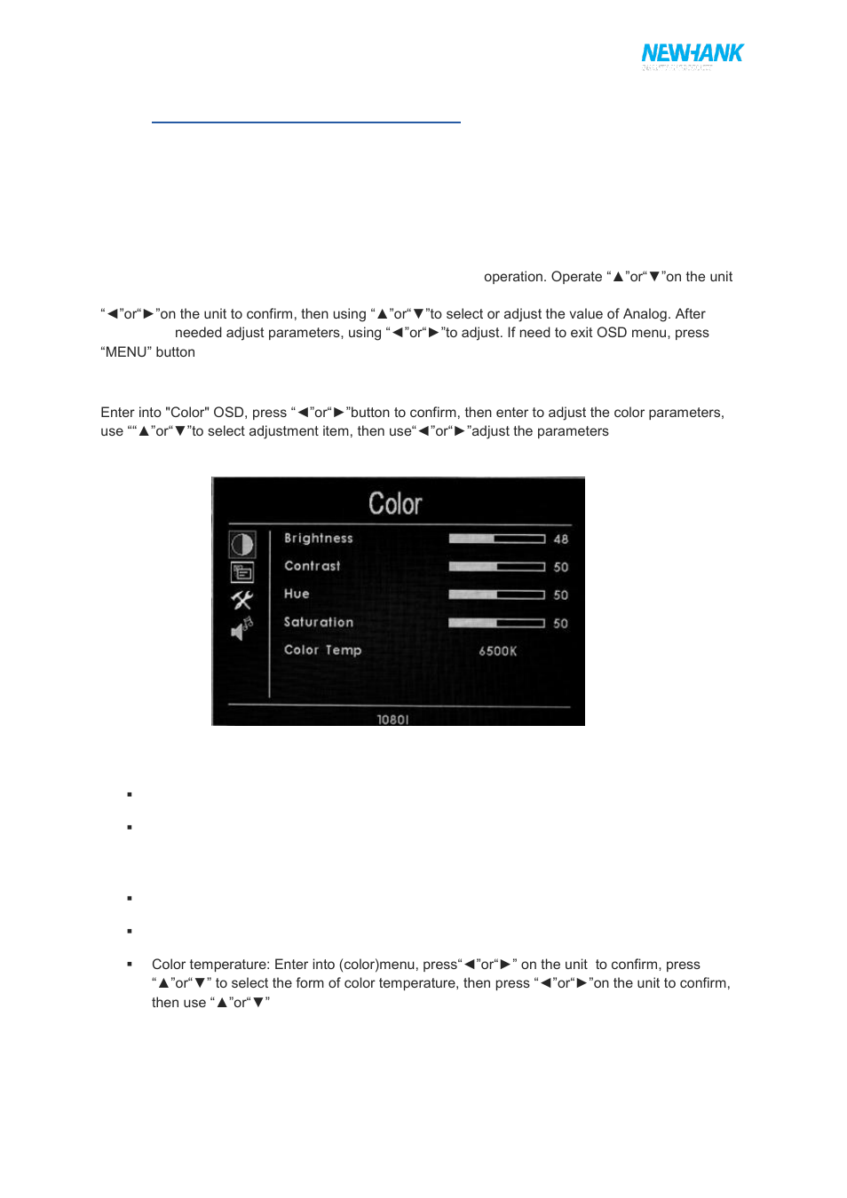 Osd operating instruction, A) color menu | NewHank MVIW-070X2-RK User Manual | Page 7 / 10