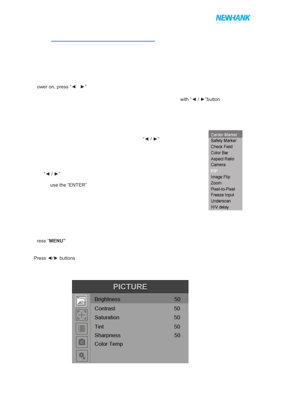 Osd operating instruction, A. shortcut buttons, The image menu | Fn user-definable function button, B. menu operation, Picture | NewHank MVIW-070X2-RKBC User Manual | Page 6 / 12