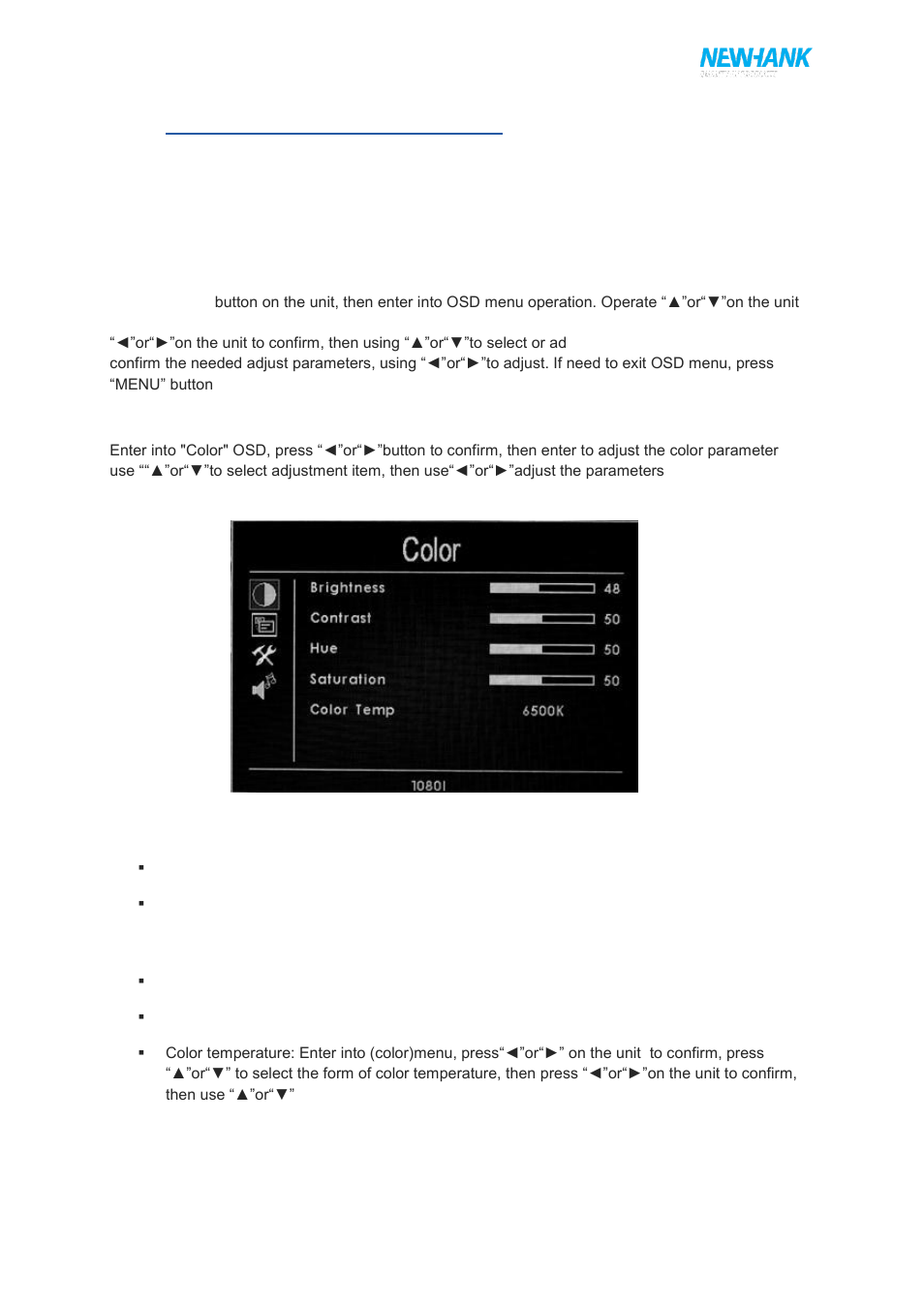 Osd operating instruction, A) color menu | NewHank MVIW-050-X3-RK User Manual | Page 7 / 10
