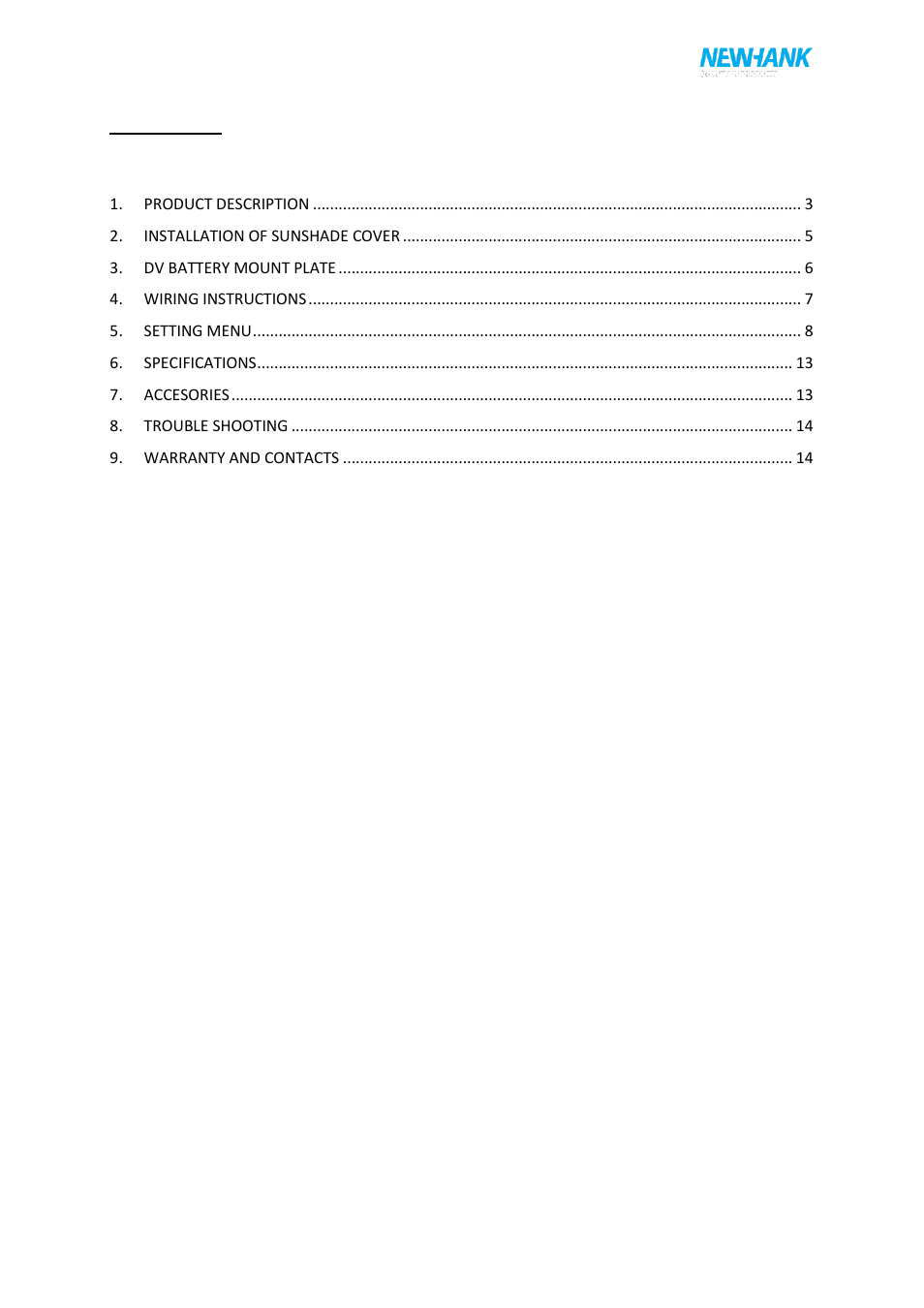 Summary | NewHank MVDW-070-BCSDI User Manual | Page 2 / 14