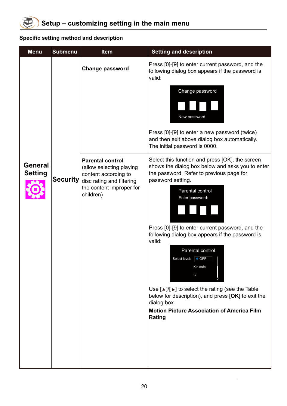 Setup – customizing setting in the main menu, Security, General setting | NewHank BDP-432 User Manual | Page 22 / 37