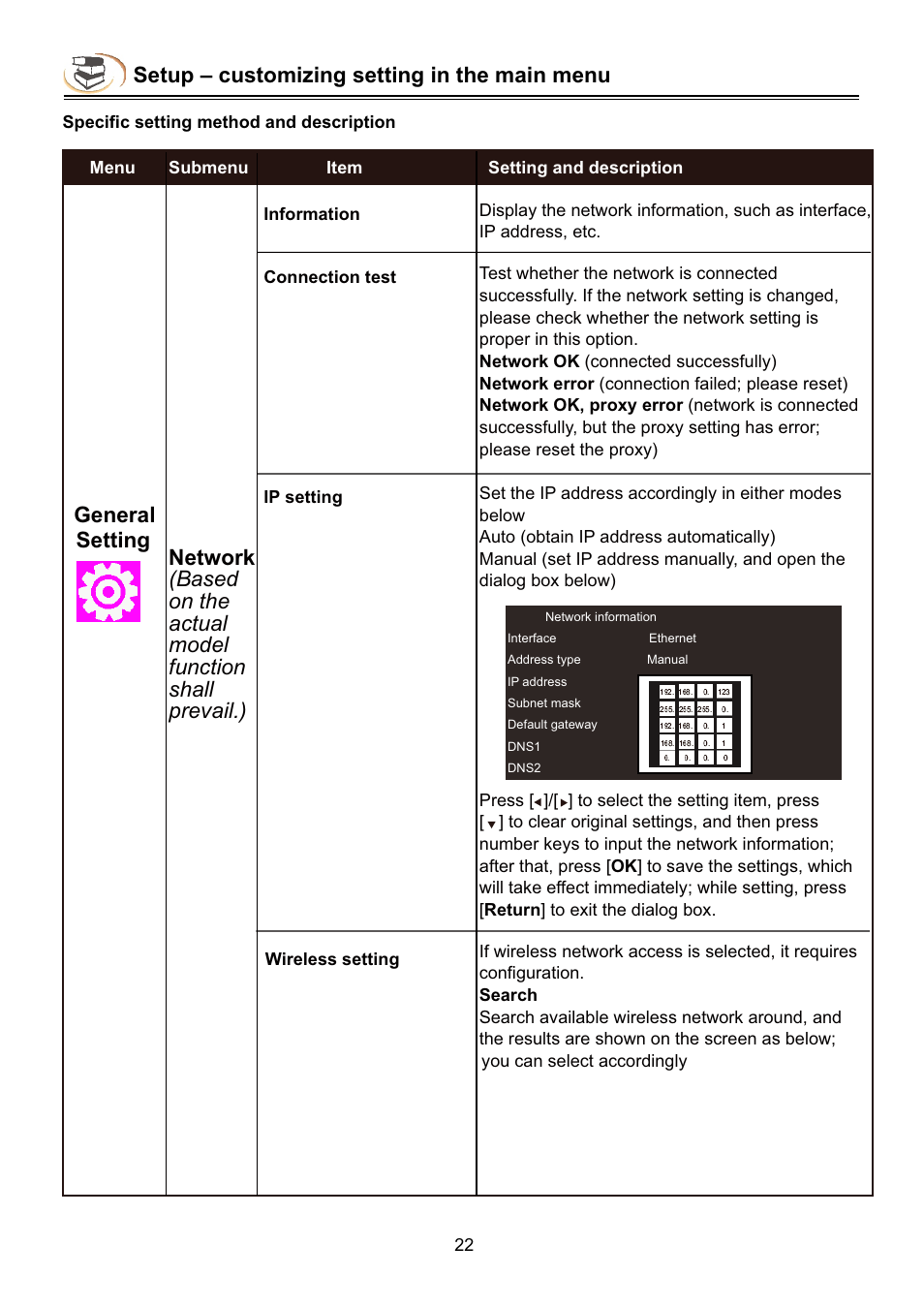 Setup – customizing setting in the main menu, General setting | NewHank BDP-432 User Manual | Page 24 / 37