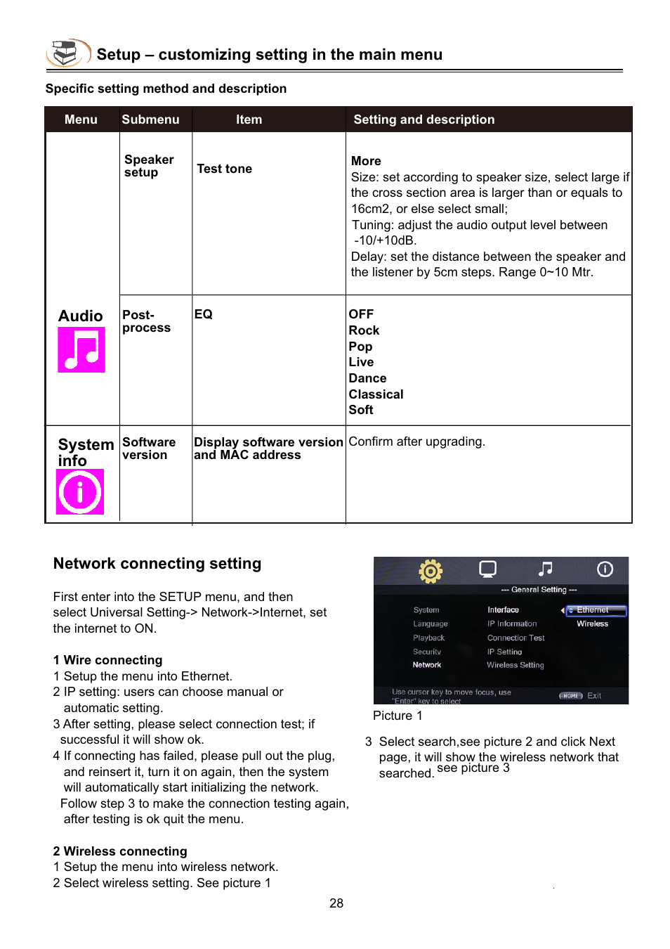 Setup – customizing setting in the main menu, System info audio, Network connecting setting | NewHank BDP-432 User Manual | Page 30 / 37
