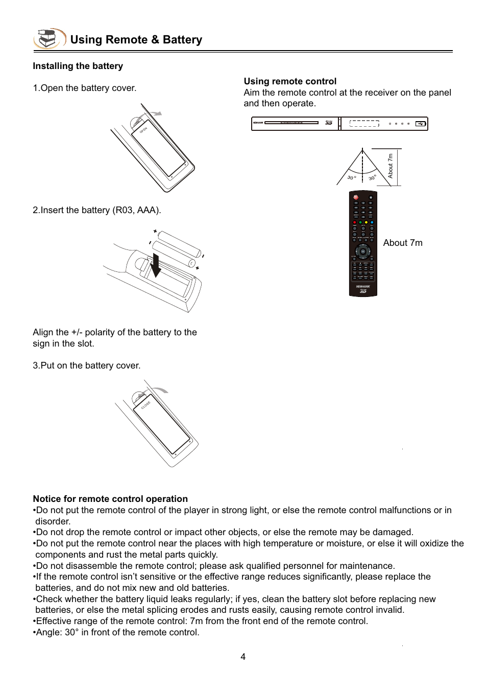 Using remote & battery | NewHank BDP-432 User Manual | Page 6 / 37