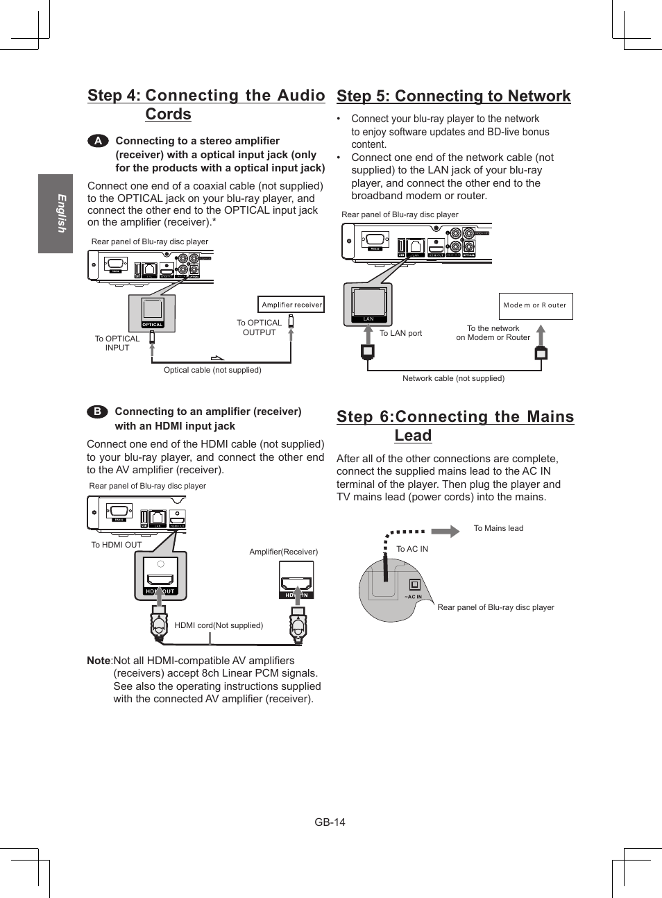 Step 5: connecting to network, Step 6:connecting the mains lead, Step 4: connecting the audio cords | NewHank BDP 620 User Manual | Page 14 / 23
