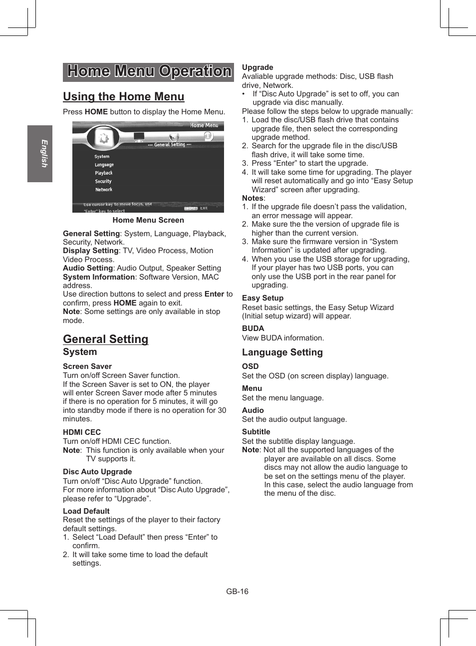 Home menu operation, Using the home menu, General setting | Language setting, System | NewHank BDP 620 User Manual | Page 16 / 23