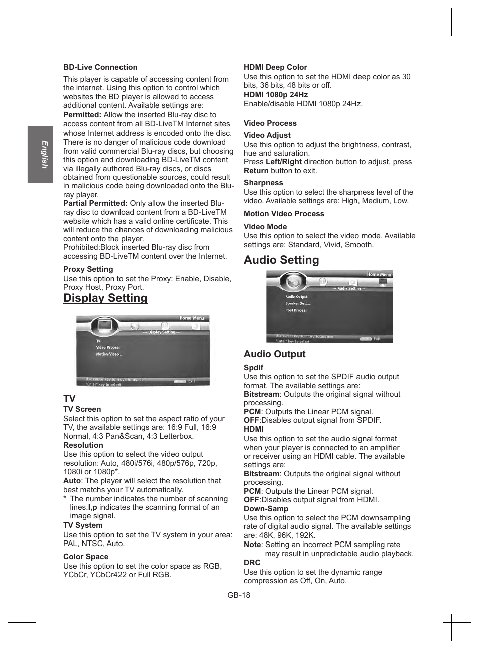 Display setting, Audio setting, Audio output | NewHank BDP 620 User Manual | Page 18 / 23