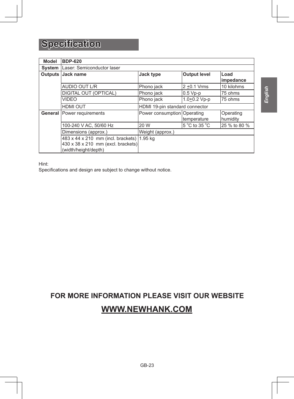 Specification, For more information please visit our website | NewHank BDP 620 User Manual | Page 23 / 23