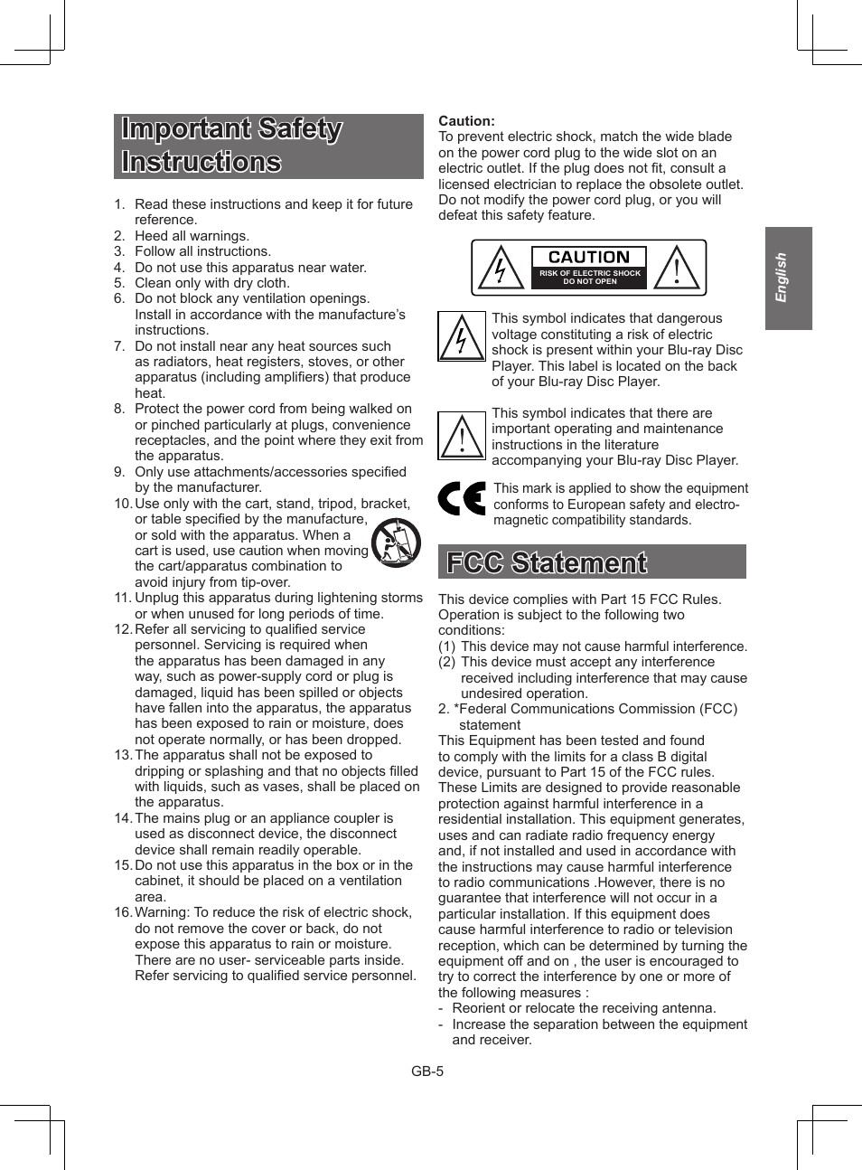 Important safety instructions, Fcc statement | NewHank BDP 620 User Manual | Page 5 / 23
