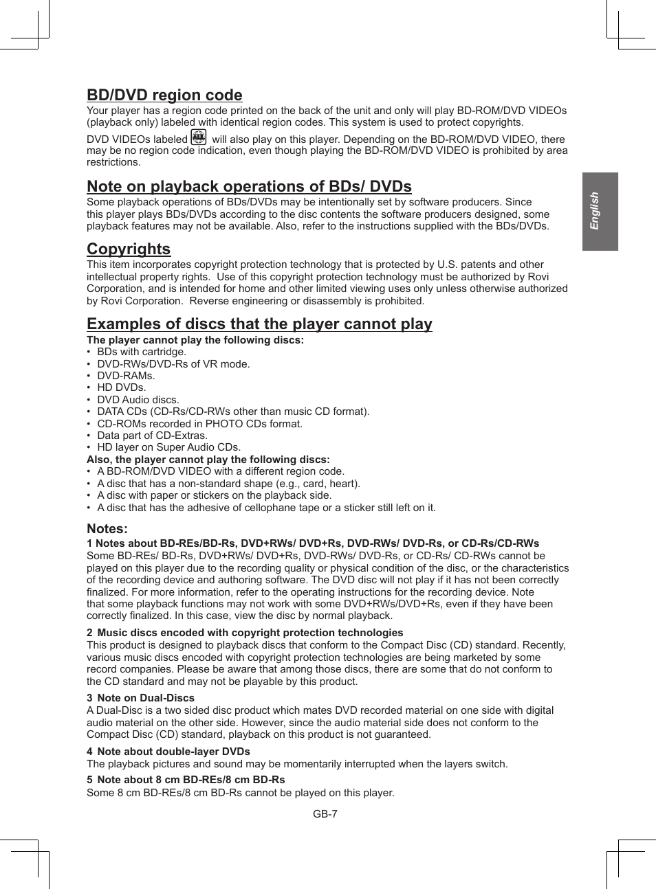 Bd/dvd region code, Copyrights, Examples of discs that the player cannot play | NewHank BDP 620 User Manual | Page 7 / 23