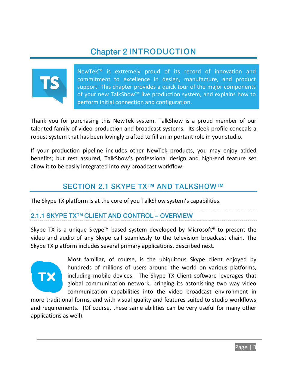 Introduction, Ection, Skype | 1 skype tx™ client and control – overview | NewTek TalkShow VS-100 User Manual | Page 11 / 101