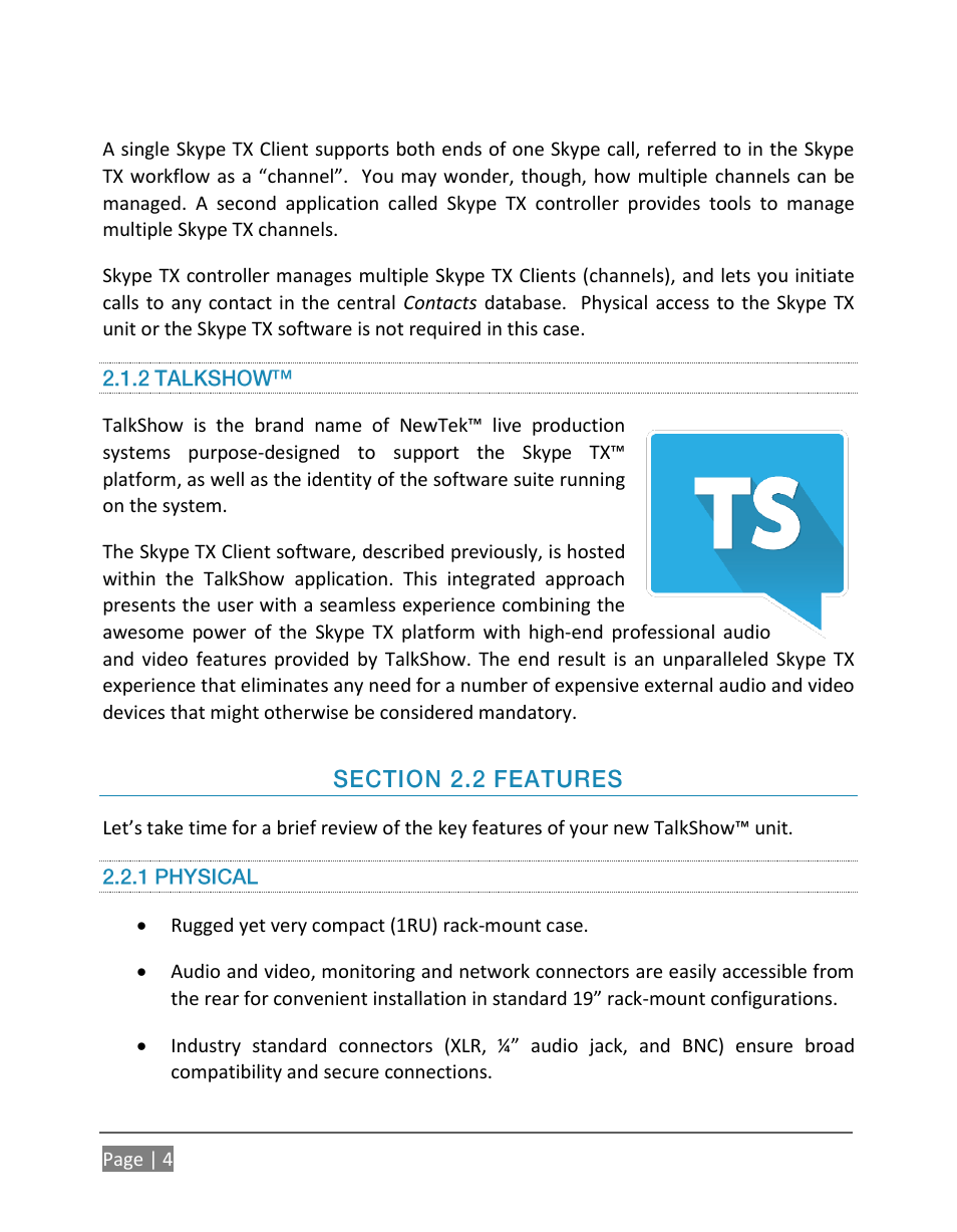 2 talkshow, Ection, Eatures | 1 physical | NewTek TalkShow VS-100 User Manual | Page 12 / 101