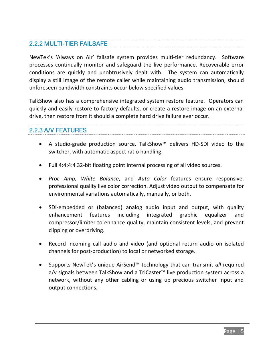 2 multi-tier failsafe, 3 a/v features | NewTek TalkShow VS-100 User Manual | Page 13 / 101