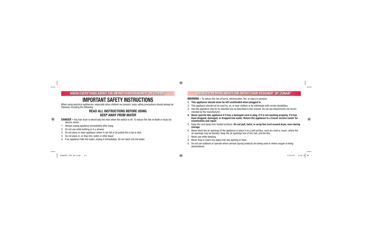 Important safety instructions, Know everything about the infiniti hair designer, By conair | Conair 208 User Manual | Page 2 / 34