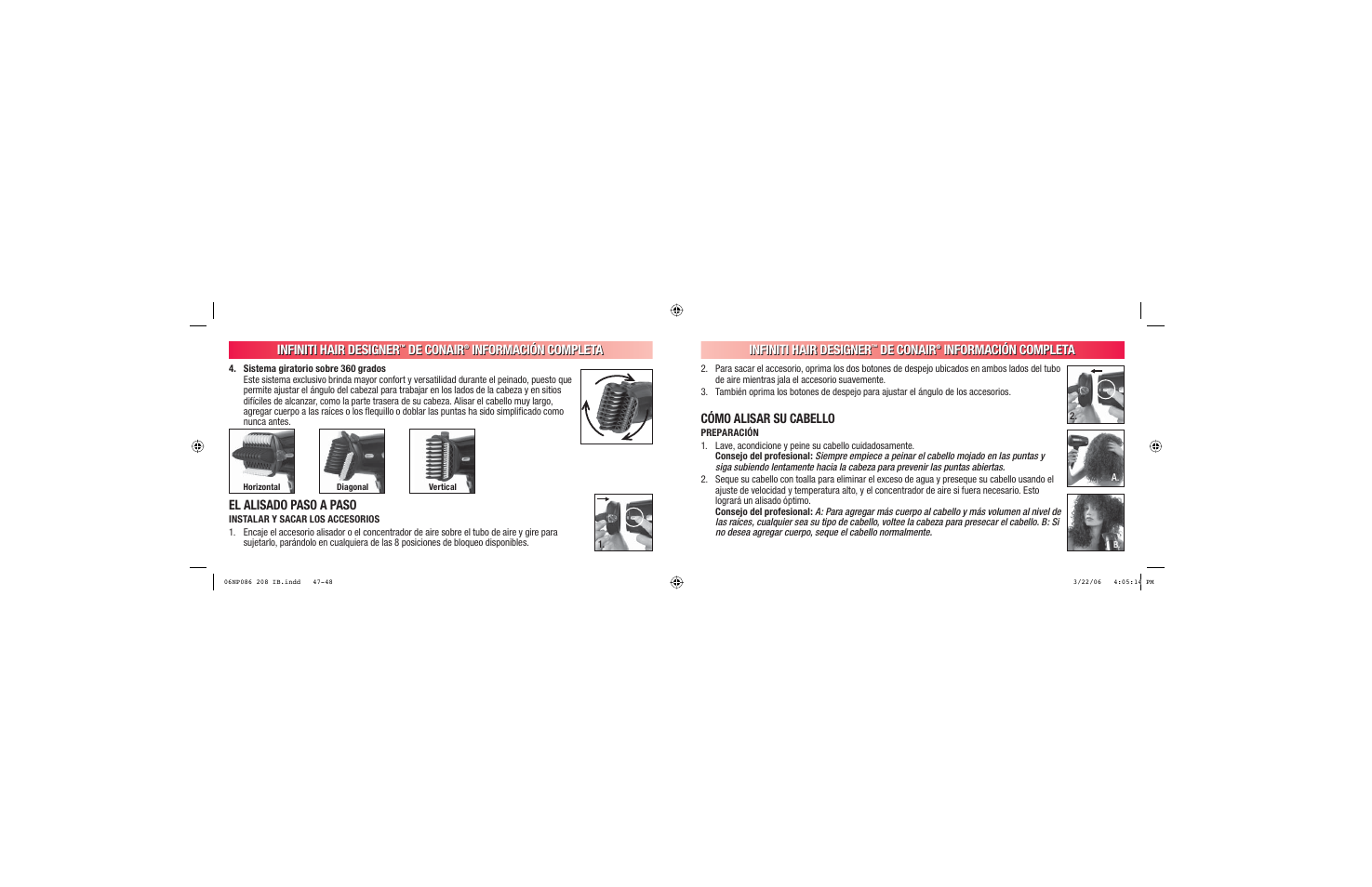 Infiniti hair designer, De conair, Información completa infiniti hair designer | Información completa, El alisado paso a paso, Cómo alisar su cabello | Conair 208 User Manual | Page 25 / 34