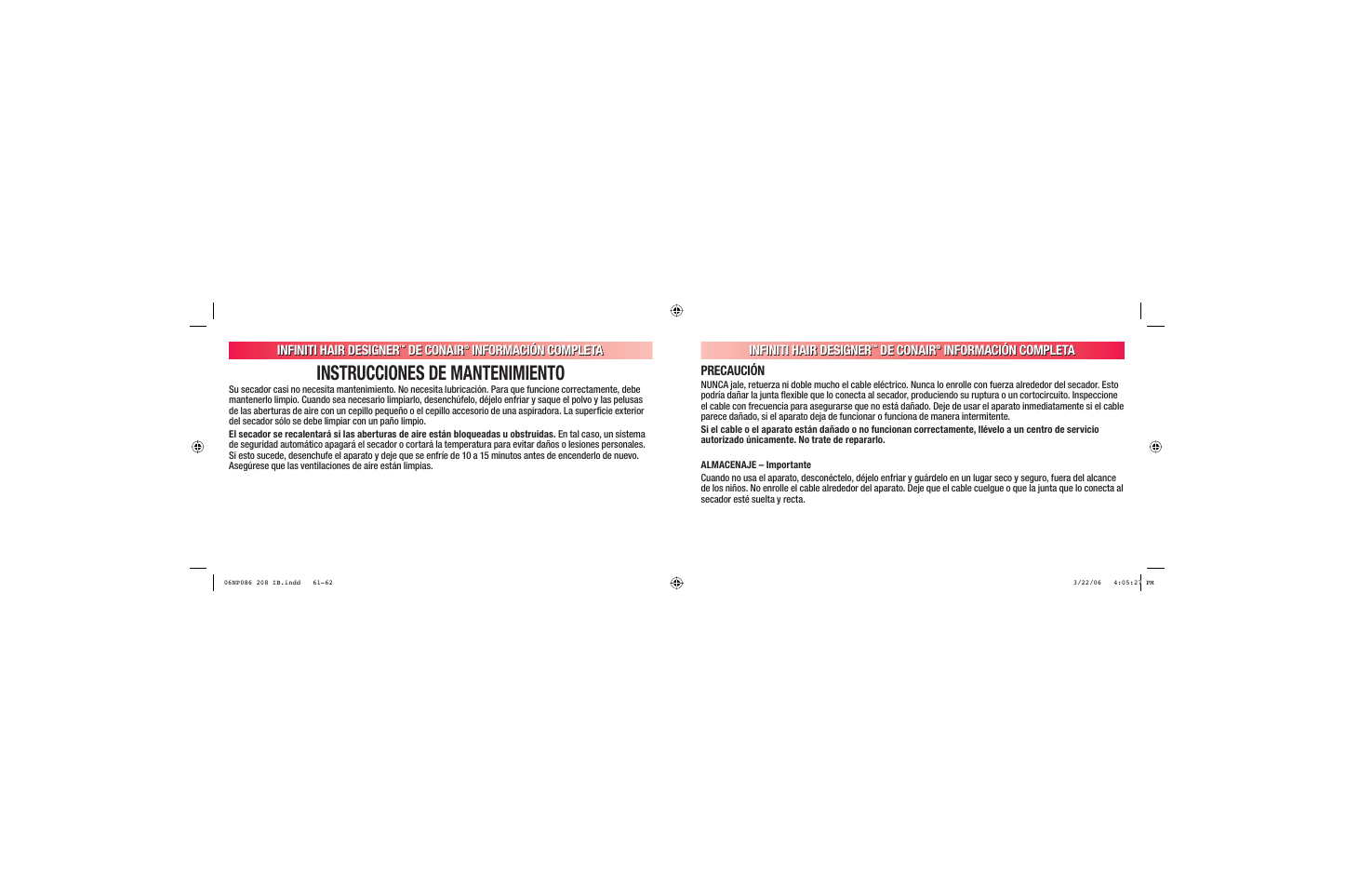 Instrucciones de mantenimiento, Infiniti hair designer, De conair | Información completa infiniti hair designer, Información completa precaución | Conair 208 User Manual | Page 32 / 34