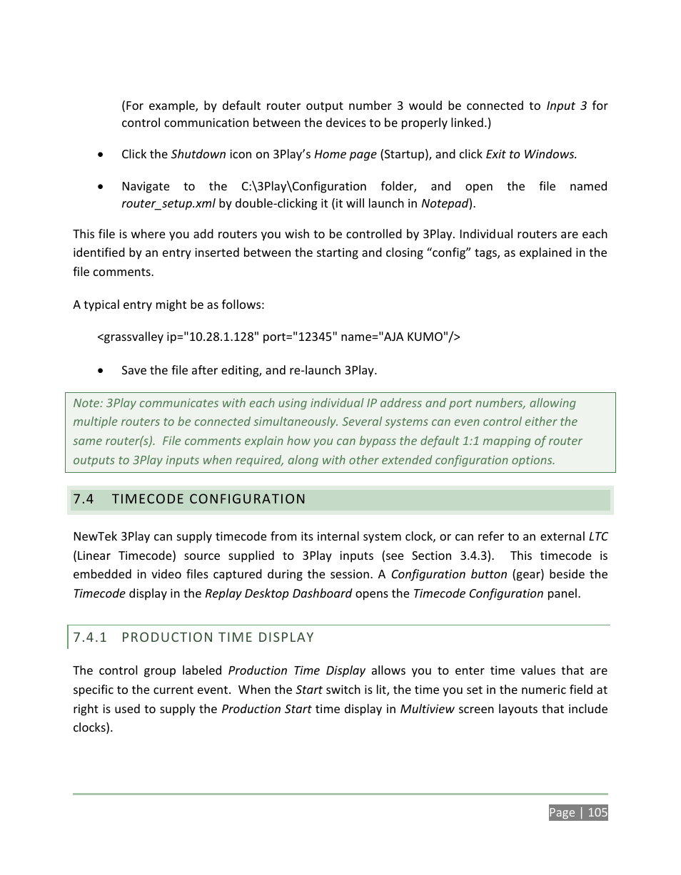 Timecode configuration, Production time display | NewTek 3Play 4800 User Manual | Page 121 / 266