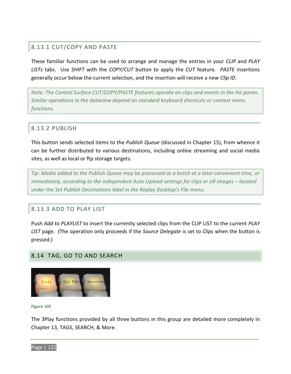 Cut/copy and paste, Publish, Add to play list | Tag, go to and search | NewTek 3Play 4800 User Manual | Page 138 / 266