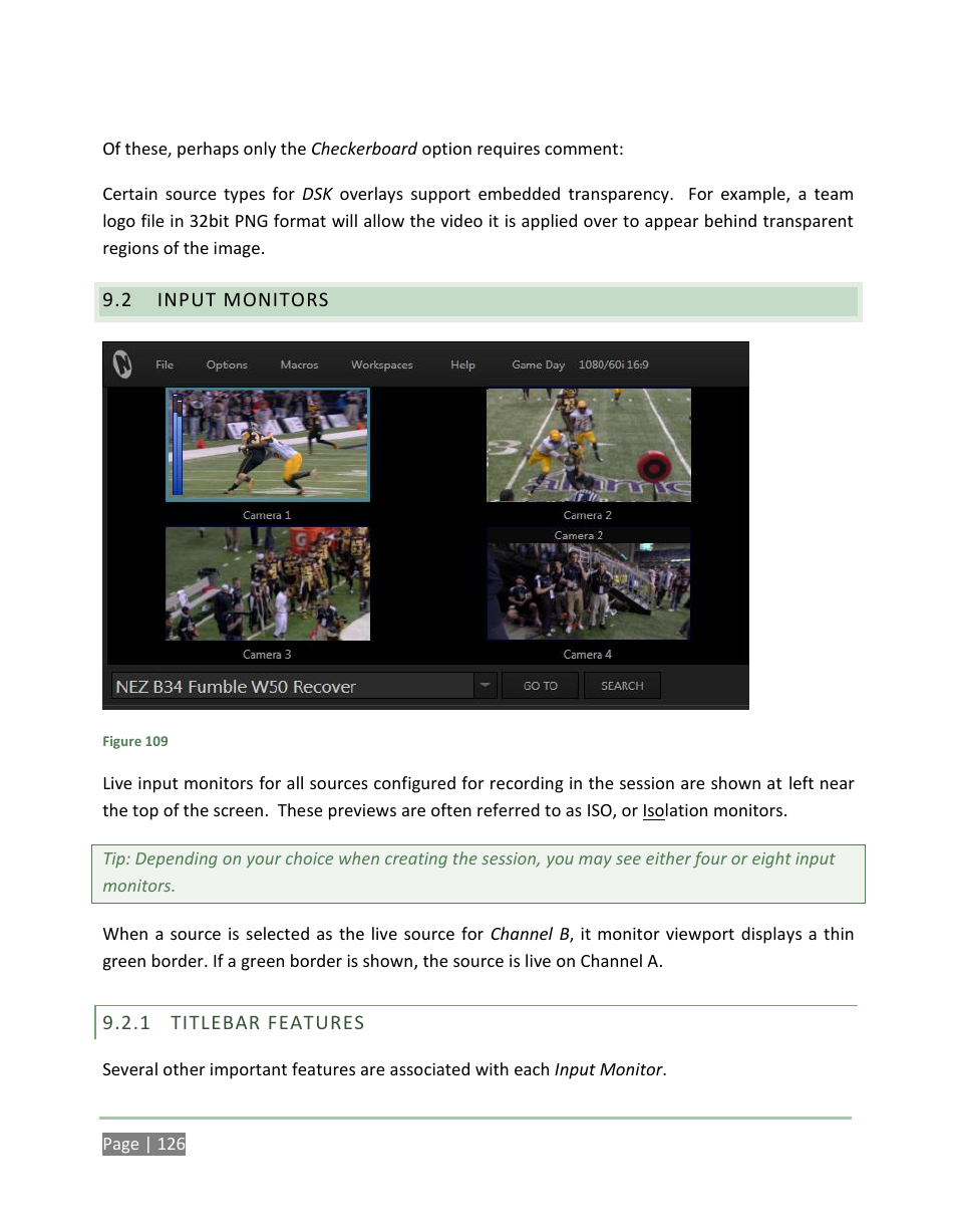 Input monitors, Titlebar features | NewTek 3Play 4800 User Manual | Page 142 / 266