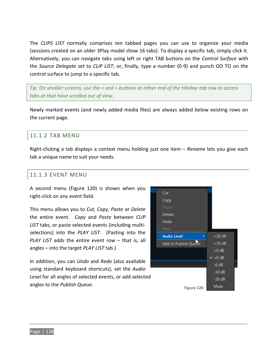 Tab menu, Event menu | NewTek 3Play 4800 User Manual | Page 154 / 266