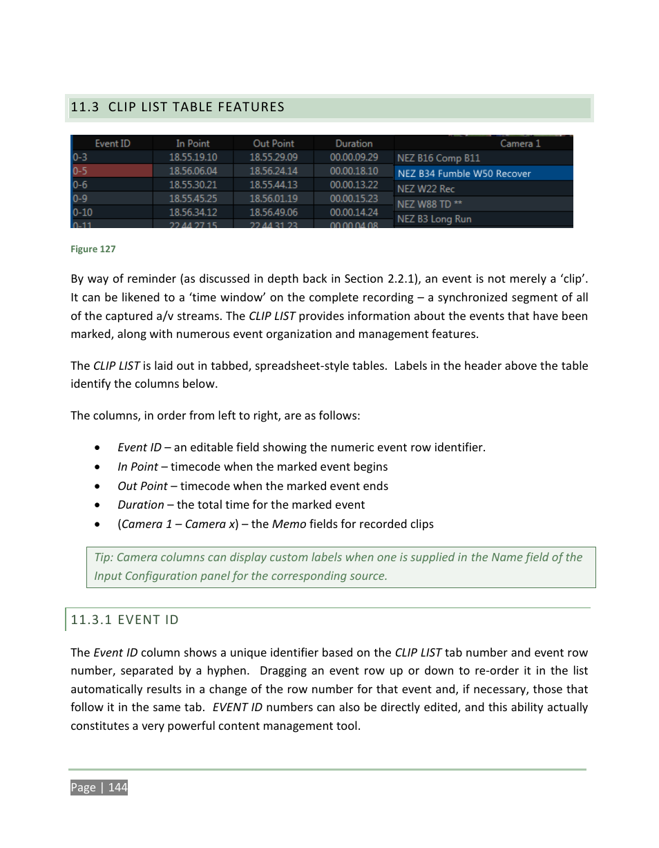 Clip list table features, Event id | NewTek 3Play 4800 User Manual | Page 160 / 266