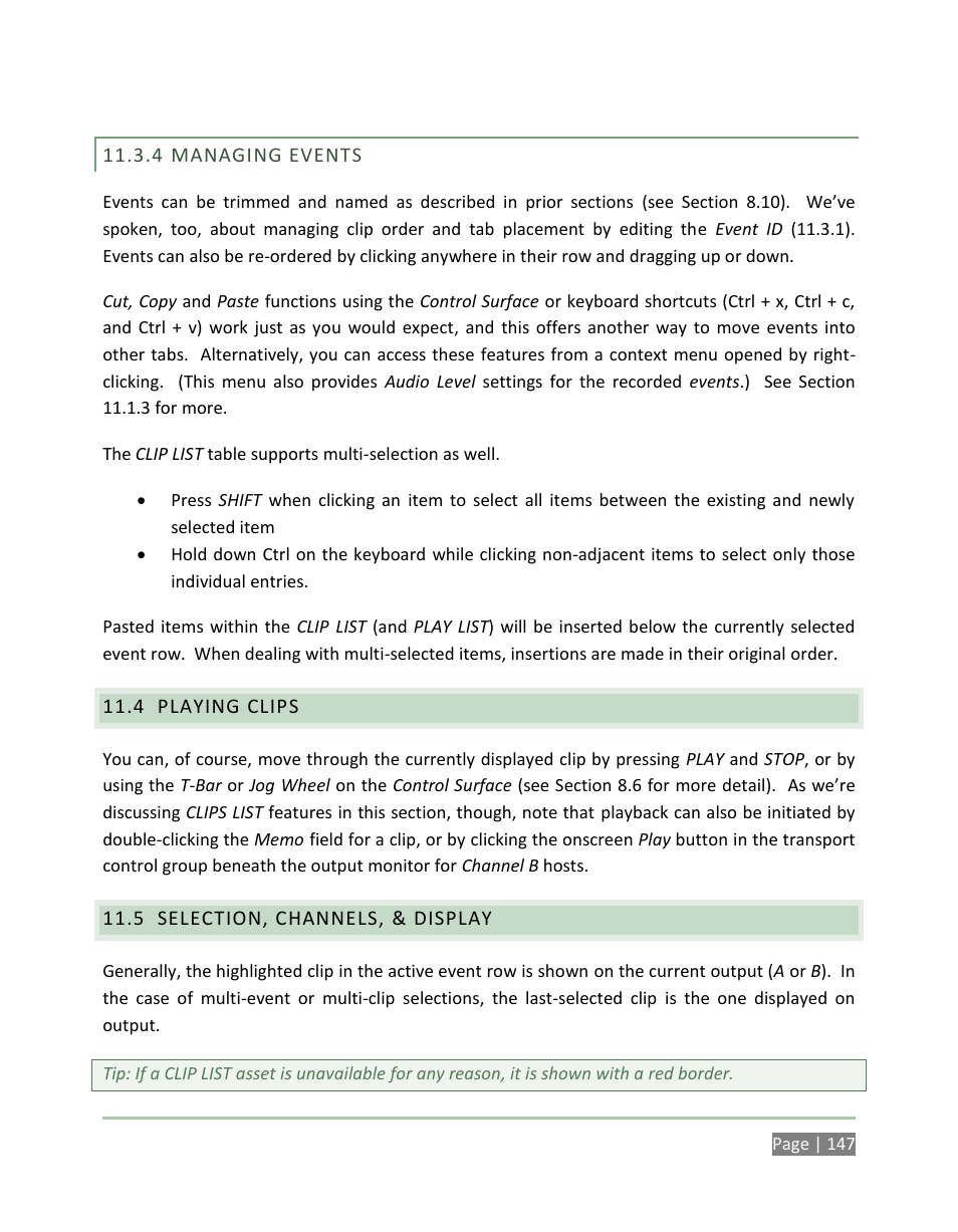 Managing events, Playing clips, Selection, channels, & display | NewTek 3Play 4800 User Manual | Page 163 / 266