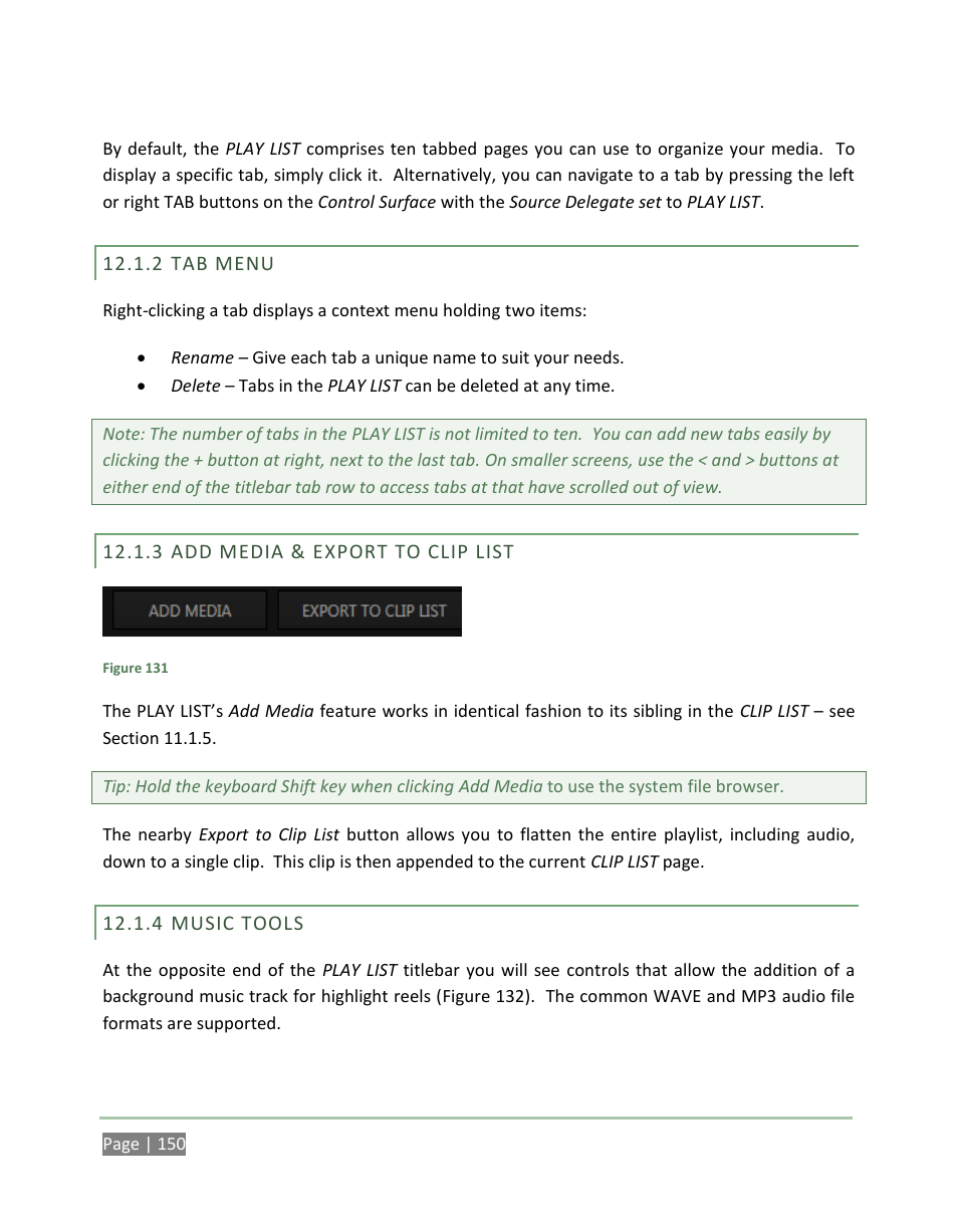 Tab menu, Add media & export to clip list, Music tools | NewTek 3Play 4800 User Manual | Page 166 / 266