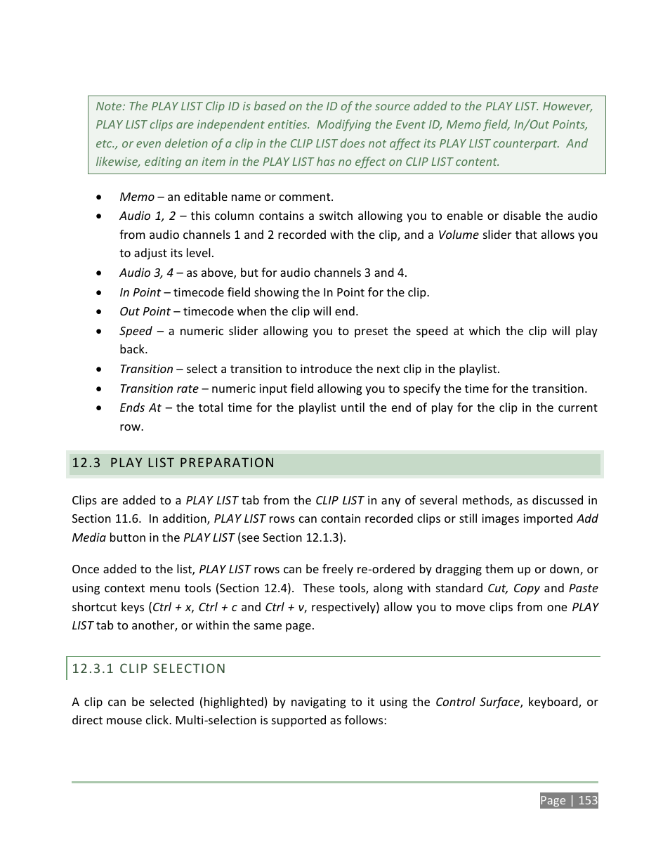 Play list preparation, Clip selection | NewTek 3Play 4800 User Manual | Page 169 / 266