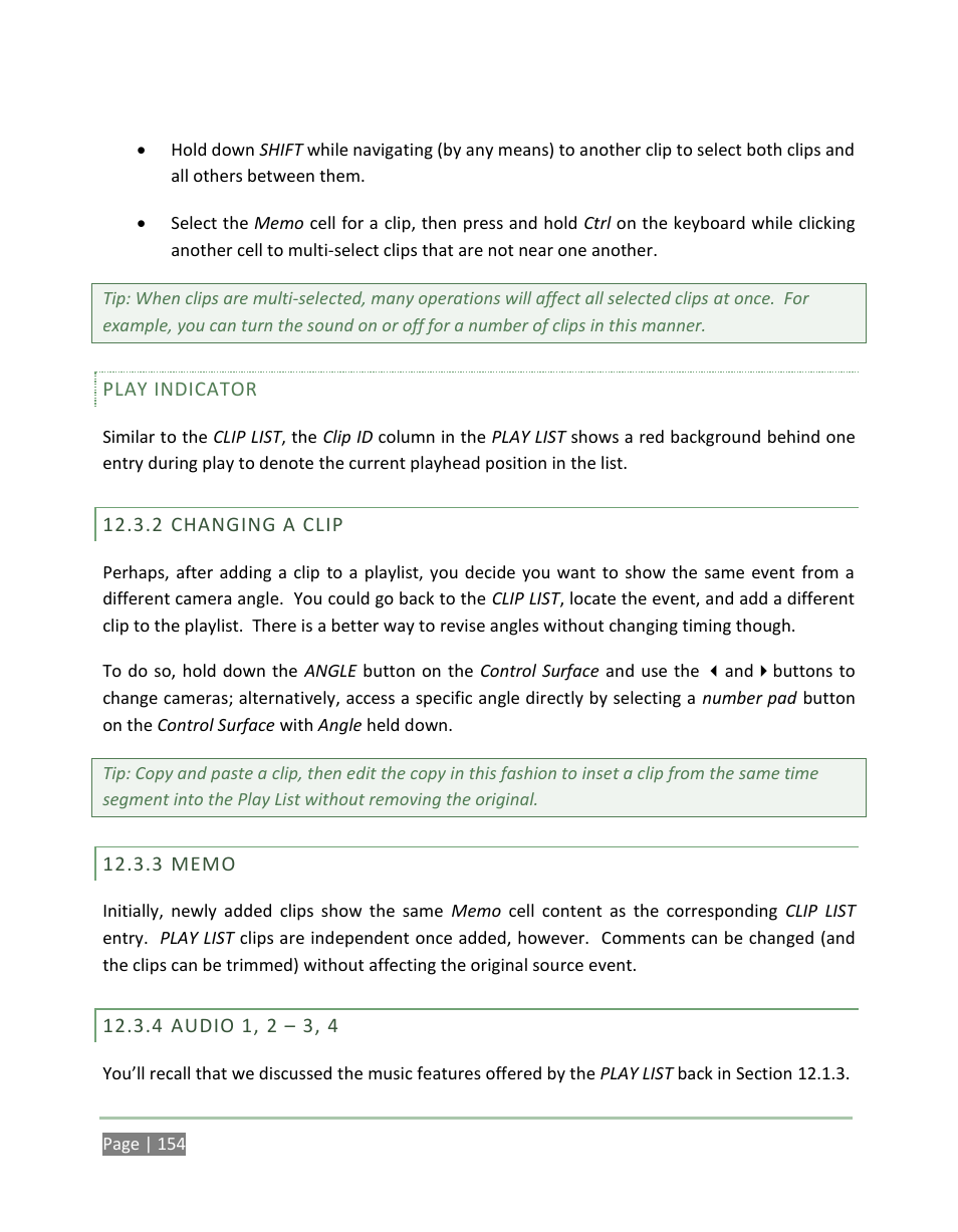 Changing a clip, Memo, Audio 1, 2 – 3, 4 | NewTek 3Play 4800 User Manual | Page 170 / 266