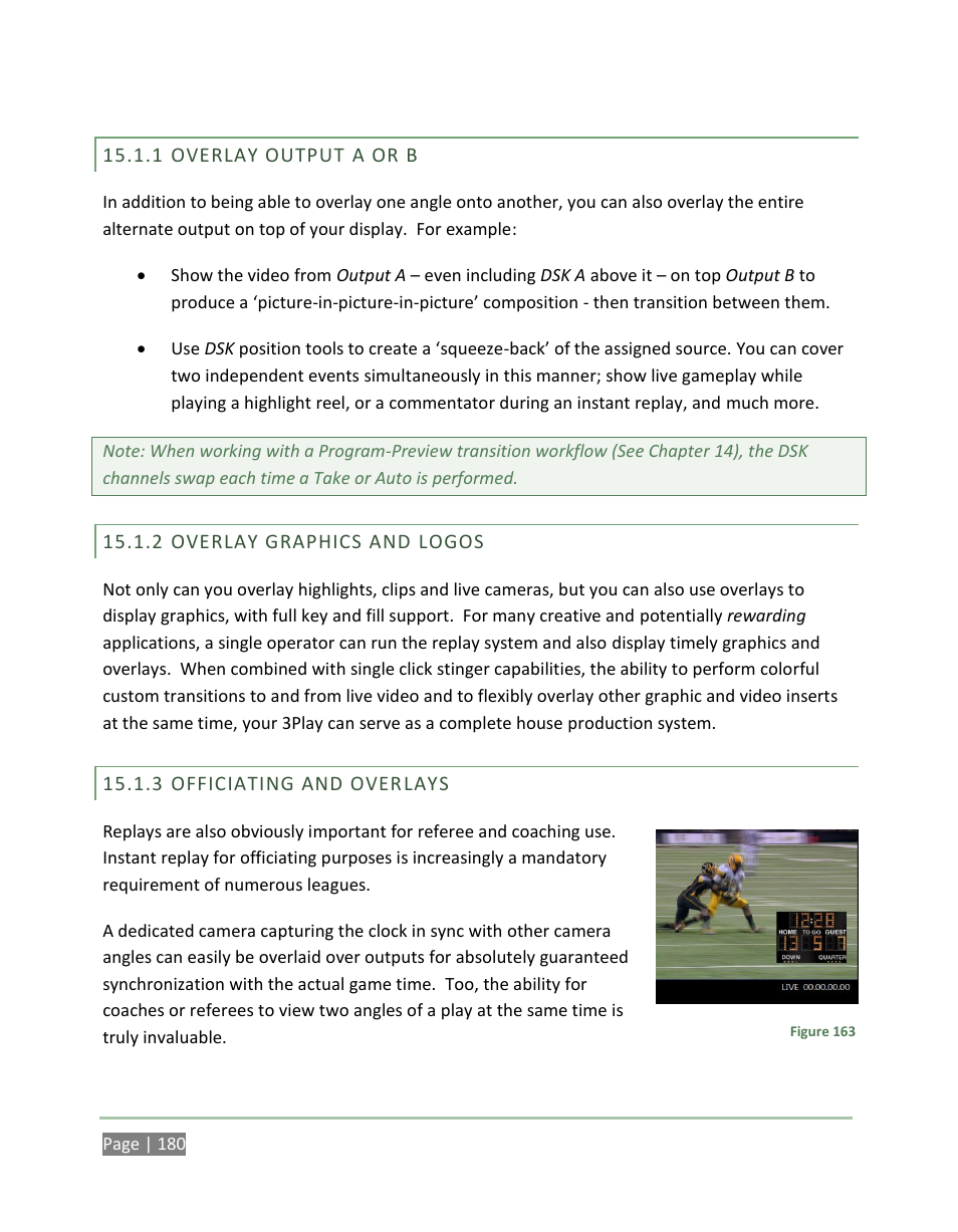 Overlay output a or b, Overlay graphics and logos, Officiating and overlays | NewTek 3Play 4800 User Manual | Page 196 / 266